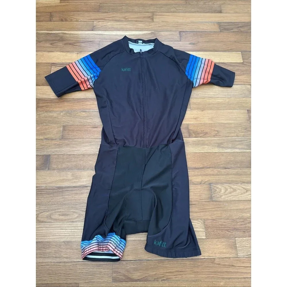 Women's Black Cycling Skinsuit with Gradient Sleeve Stripes